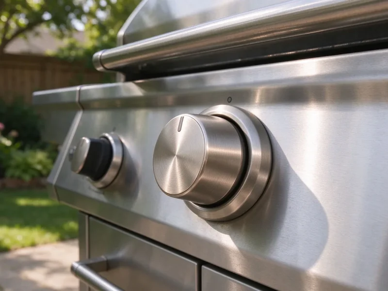 Brushed zinc alloy control knob on a stainless steel outdoor gas BBQ grill