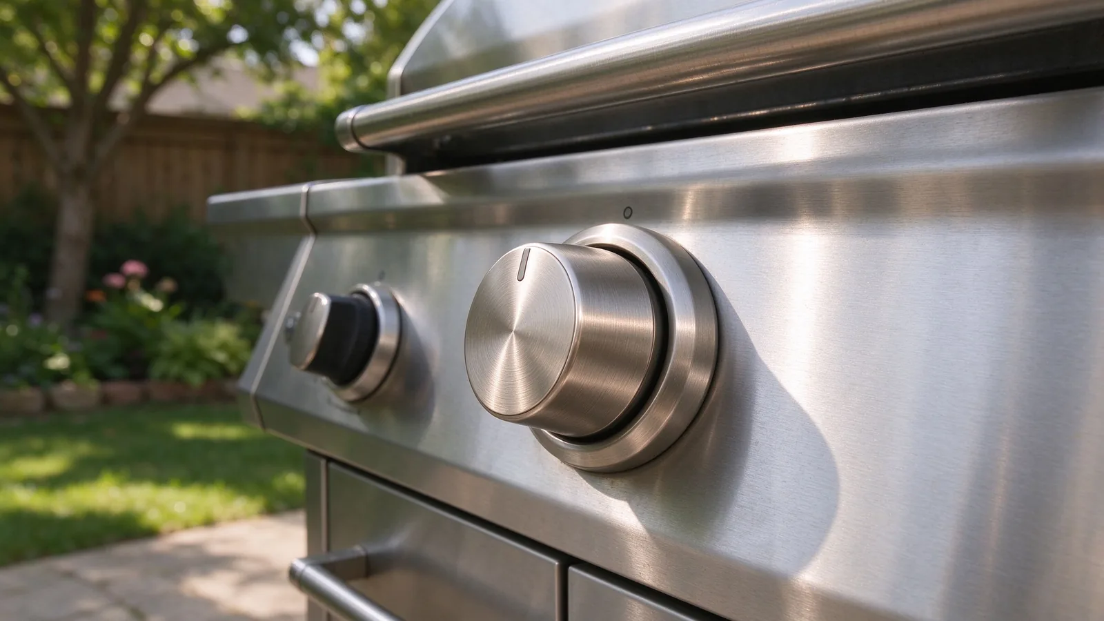 Brushed zinc alloy control knob on a stainless steel outdoor gas BBQ grill