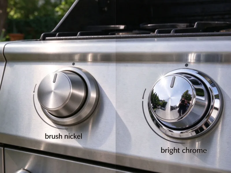 Brushed nickel and bright chrome plated zinc alloy BBQ knobs side by side on a stainless steel gas grill