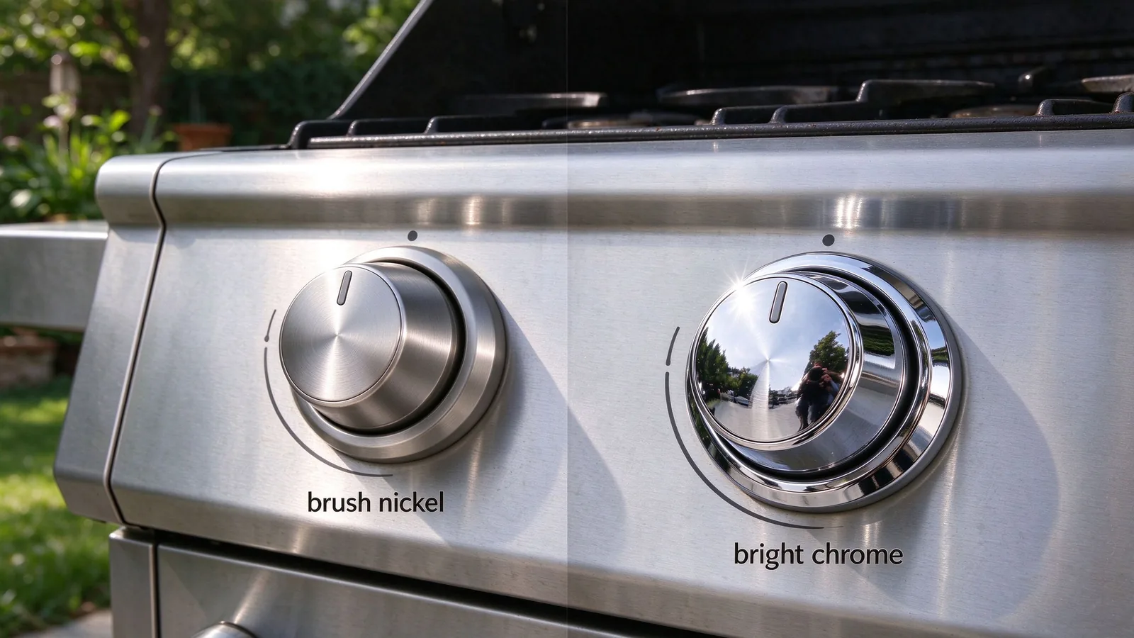 Brushed nickel and bright chrome plated zinc alloy BBQ knobs side by side on a stainless steel gas grill